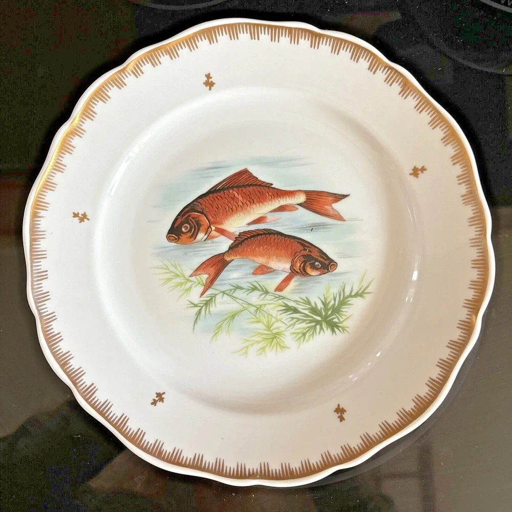 Hand Painted Fish Pattern Porcelain Dinner Plate Made In France Gold Gilt Rim